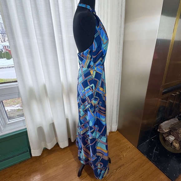 Vintage 60s halter maxi dress, blue orange abstract pattern, Norbert Carlin, 0/2 - Picture 5 of 15